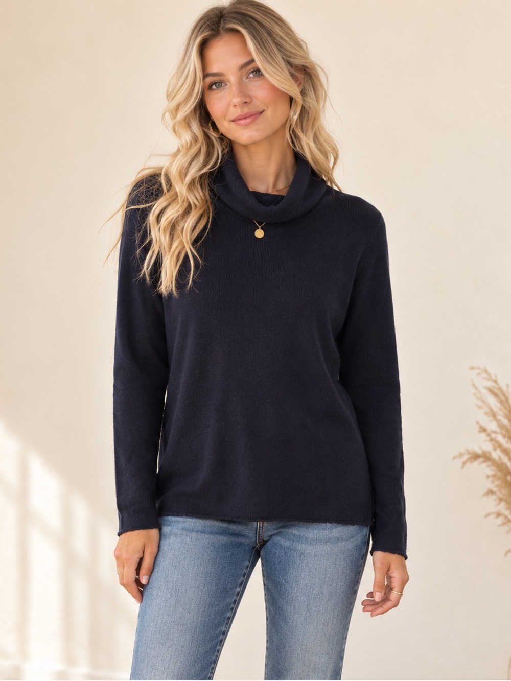 Pure Collection Cashmere Navy Cowl Neck Sweater